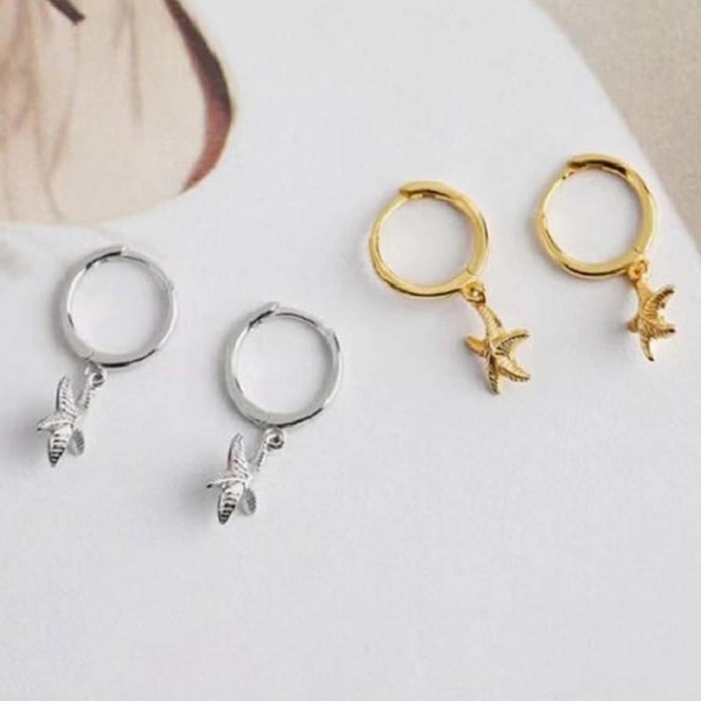 Exquisite 18K Gold Vermeil 925 Sterling Silver Starfish Hoop Earrings - Picture 8 of 8